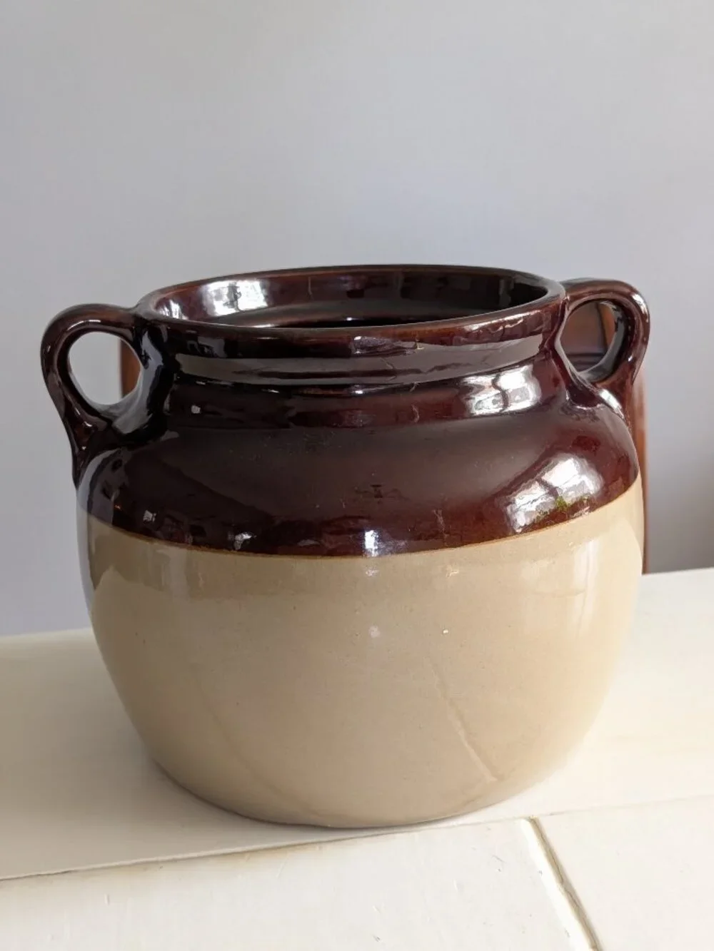 VTG Flour Monmouth USA Stoneware Crock Brown Dipped Bean Pot Jar Maple Leaf